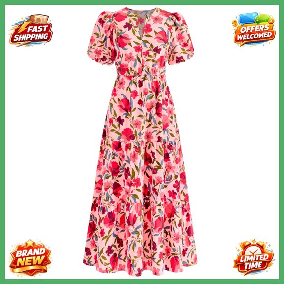 Boho Floral Maxi Dress Puff Sleeves V Neck Tiered Ruffle Casual Summer